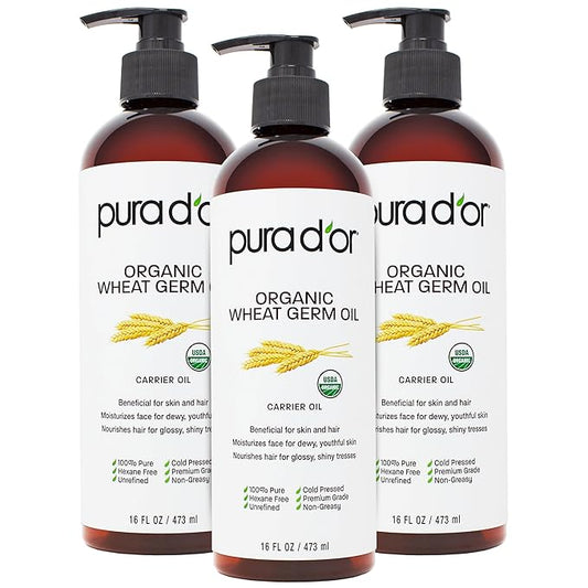 PURA D'OR ORGANIC Wheat Germ Oil (16 Oz x3 = 48 Oz) 100% Pure & Natural USDA Certified Cold Pressed Carrier Oil - Vitamin E Rich, Moisturizing & Nourishing Anti-Aging Properties - Healthy Hair Growth