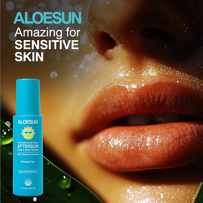 After Sun Face and Body Spray | Non Sticky Organic Aloe Vera for Sun Exposure Relief with Pure Lavender Essential Oil | Natural Aftersun Skin Moisturizer for Redness | Travel Size 3.4 Fl Oz