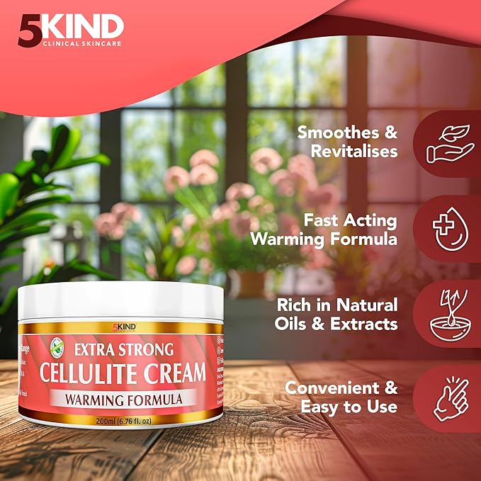 5Kind Extra Strong Anti Cellulite Cream 6.76 Fl Oz - Natural Warming Formula Cellulite Remover for Legs - Body Firming and Tightening Cream - Firming Cream for Cellulite