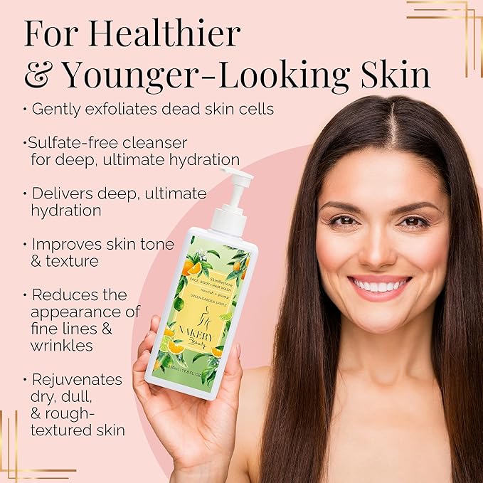 Nakery SkinRestore Hydrating Face & Body Wash with Hyaluronic Acid - Body Wash for Sensitive Skin - Foaming Face Wash & Oil Cleanser for Women 350ml - Sulfate Free & Cruelty Free - Green Garden Spritz