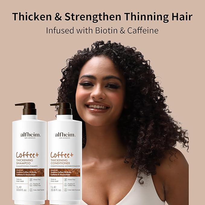 Alfheim Caffeine Infused Shampoo and Conditioner Set | Caffeine, Keratin & Niacinamide | Fortifies Fragile Hair & Control Scalp Balance | Sulfate-Free for Fine & Color Treated Hair | 33.8 Oz Each