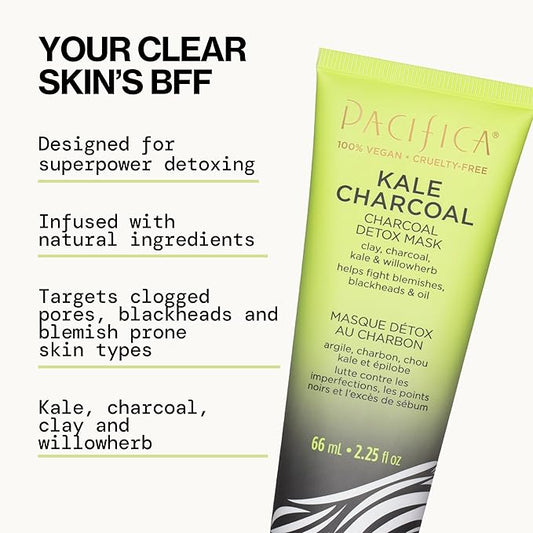 Pacifica Kale Charcoal Ultimate Detox Face Mask, Deep Pore Cleansing Clay Mask for Acne, Blackhead Removal, Blemish Control, Vegan, Purifying & Oil Control Vegan Facial Mask, 2.25 Fl Oz
