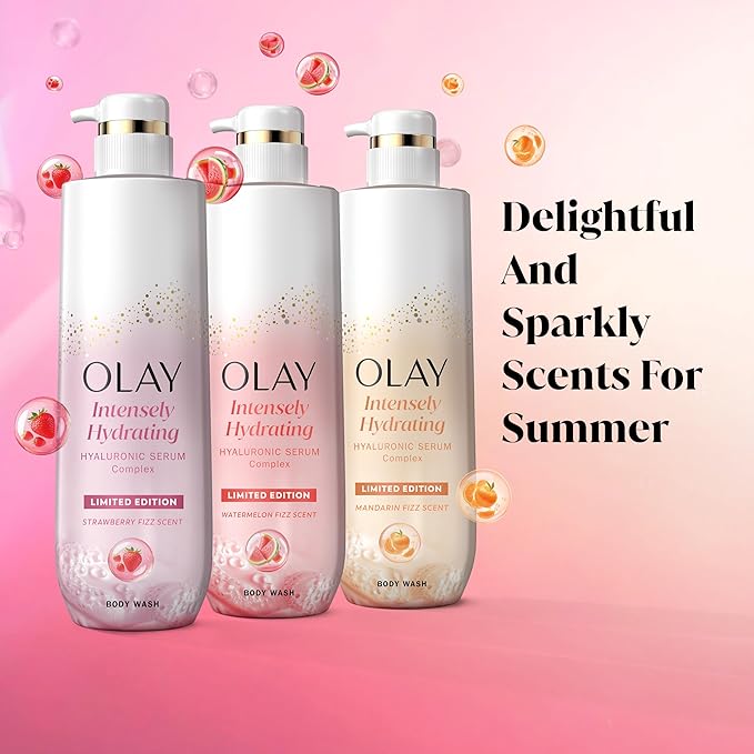 Olay Body Wash for Women, Intensely Hydrating, Pro-Hyaluronic Acid Serum Complex, Renews Moisture, Vitamin B3 Lameller Technology, For All Skin Types, Strawberry Summer Fizz Scent, 20 fl oz