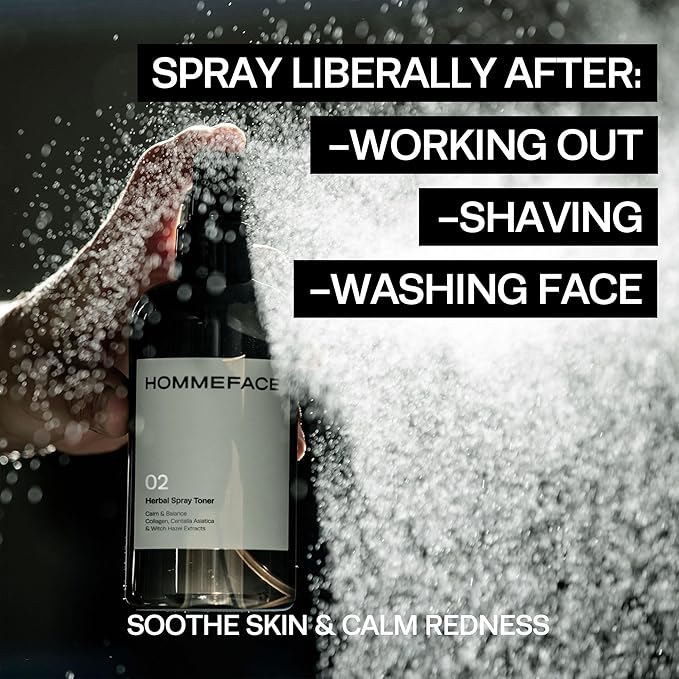 HOMMEFACE Men’s Herbal Spray Face Toner - Alcohol-Free, Hydrating & Balancing Facial Mist - Korean Skincare Technology with Witch Hazel, CICA Extract, Hyaluronic Acid, 8.45 fl oz