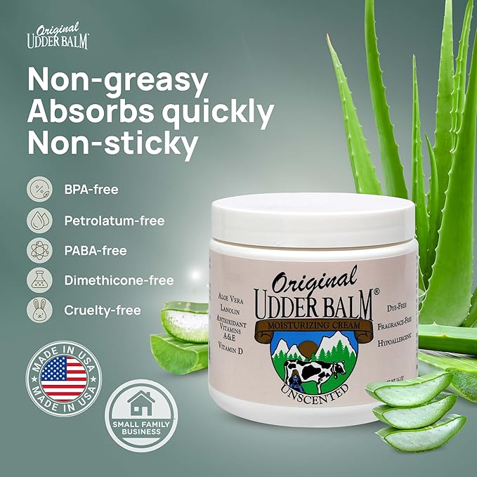 Original Udder Balm Unscented Jar - Made in USA - Hypoallergenic, Dry Skin Relief for Hands, Feet & Face, Moisturizer for Sensitive, Cracked Dry Skin, 16 Fl Oz