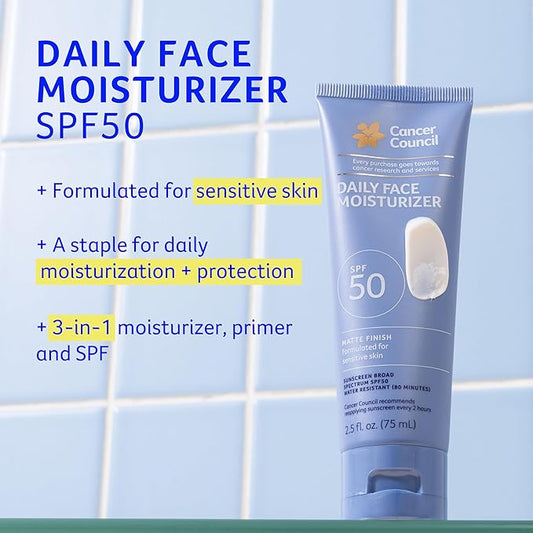 Cancer Council Daily Moisturizer Sunscreen for Face, SPF50+, Sun Care with Green Tea Extract Broad Spectrum UVA/UVB Sun Protection, Sensitive Skin, Paraben & Fragrance Free, Water Resistant, 2.5fl. Oz