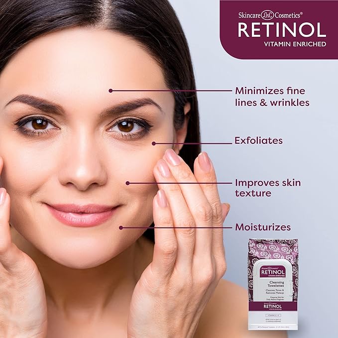 LIVAURA Retinol Anti-Aging Cleansing Towelettes – All-in-One Cleanser, Toner & Makeup Remover in a Convenient Pre-Moistened Wipe – On-The-Go Exfoliating, Toning & Hydrating Leaves Skin Clean