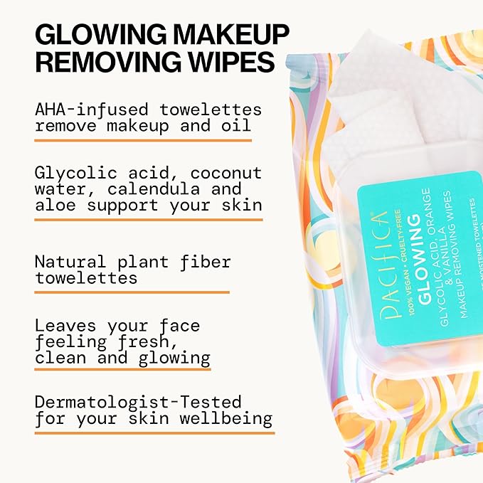 Pacifica Beauty | Glowing Makeup Remover Wipes | Gycolic Acid, Coconut Water, Aloe Infused | Daily Cleansing + Exfoliating | Clean Skin Care | Plant Fiber Facial Towelettes | 4 Count | Vegan
