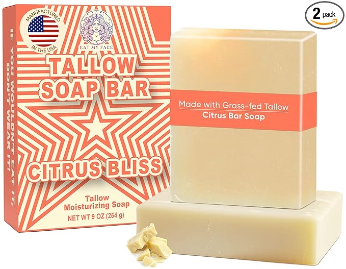 2-Pack Beef Tallow Soap Bar Grass Fed – Organic Body Soaps, Face Tallow Soap Bar for Women – All Natural Soaps for Sensitive Skin, Moisturizing & Nourishing Cleanser for All Skin Types, Citrus Scent