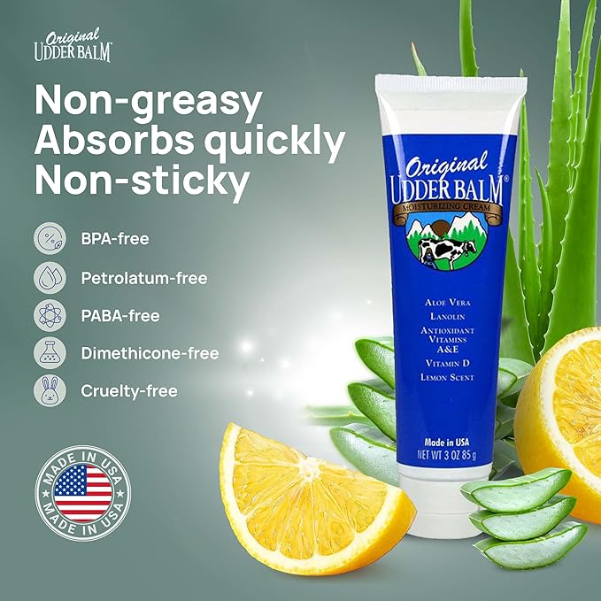 Original Udder Balm Tube - Made in USA - Extra Thick Udder Cream & Hand Balm for Dry Skin, Cracked Heels, Rough Hands – Deep Moisture Heel Cream & Foot Moisturizer with Aloe Vera, 3 Fl Oz