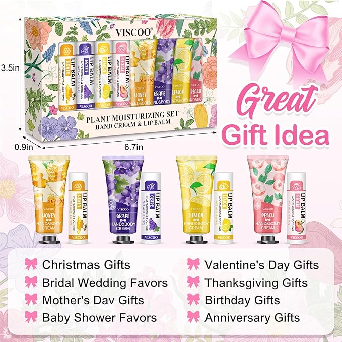 16 Pack / 8 Sets Bulk Lip Balm and Hand Cream Gift Set, Bridal Shower Gifts and Bridal Wedding Favors for Guests, Baby Shower Party Favors for Guests, Thank You Gifts, Birthday Gifts for Women