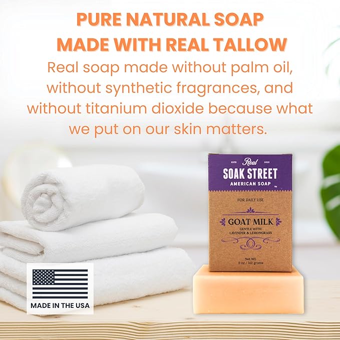 Real American Soap with Goat Milk, Lavender & Lemongrass (3 Pack) – Long-Lasting, Moisturizing Natural Bar Soap with Grass Fed-Tallow, Gentle Conditioning Lard, & Coconut Oil – Daily Use