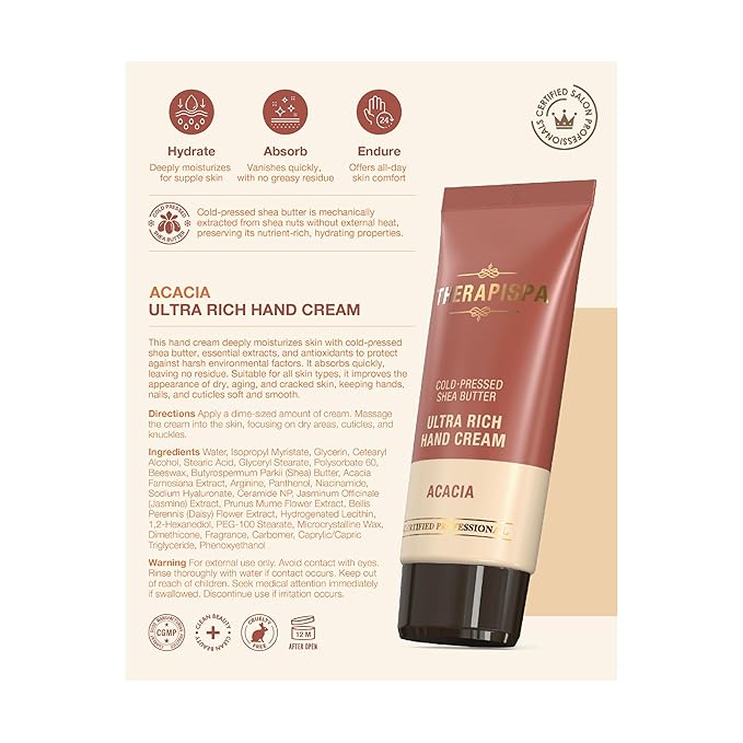 Ultra Rich Hand Cream – Intensive Hydration & Repair for Dry, Chapped Hands | Enriched with Shea Butter, Ceramides, Niacinamide (B3) & Panthenol (B5) (Acacia, 2.0 oz, Pack of 5)