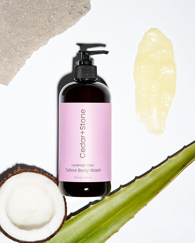 Cedar + Stone Tallow Body Wash – Liquid Tallow Soap & Shower Gel Formulated with USDA Organic Oils – Lavender & Lilac – Sulfate-Free Cleanser for Sensitive Skin – Made in USA, 16oz