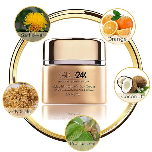 GLO24K Moisturizing Day Cream with 24k Gold, Hyaluronic Acid, Collagen, and Vitamins. For Optimal Hydration.