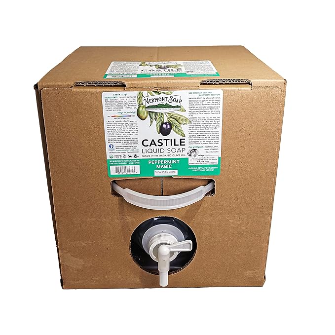 Vermont Castile Soap Peppermint, Gentle Liquid for Sensitive Skin & Natural Body Wash, Organic Hair Shampoo for Oily Hair, Aloe Castile Soap for Men & Women - 5 Gallon