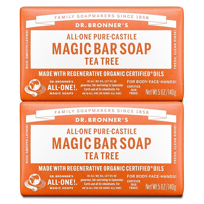Dr. Bronner's Pure-Castile Magic Bar Soaps - Made with Regenerative Organic Certified Oils - For Face, Body, Hair- Vegan Soap Bars for Men & Women - Tea Tree, 2 pack, 5 oz