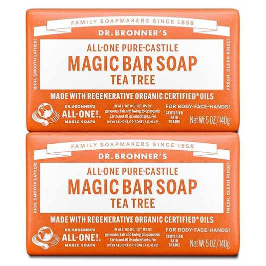 Dr. Bronner's Pure-Castile Magic Bar Soaps - Made with Regenerative Organic Certified Oils - For Face, Body, Hair- Vegan Soap Bars for Men & Women - Tea Tree, 2 pack, 5 oz
