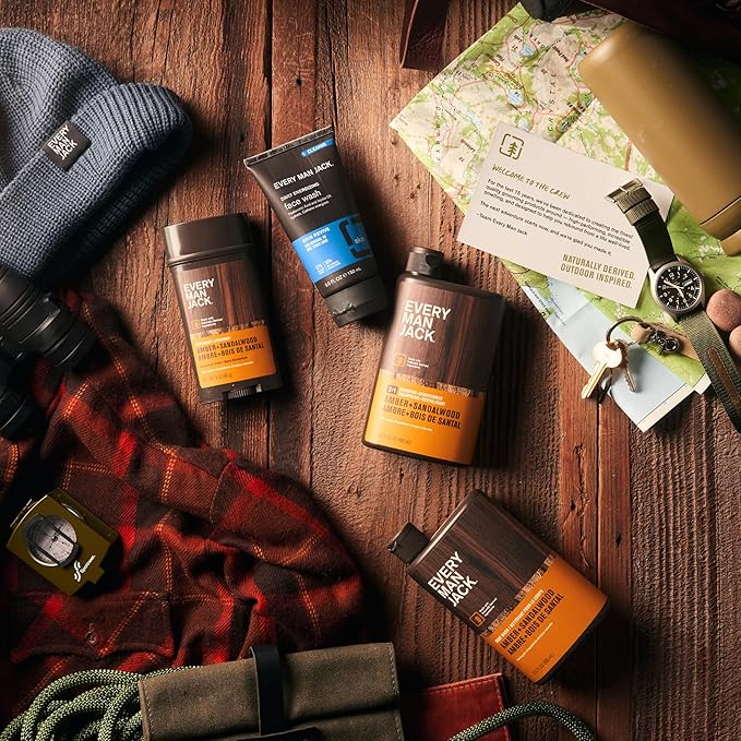 Every Man Jack Men’s Amber + Sandalwood Bath and Body Gift Set - Clean Ingredients & Sandalwood, Amber, and Vetiver scent - Round Out His Routine with Body Wash, 2-in-1 Shampoo, Deodorant & Face Wash