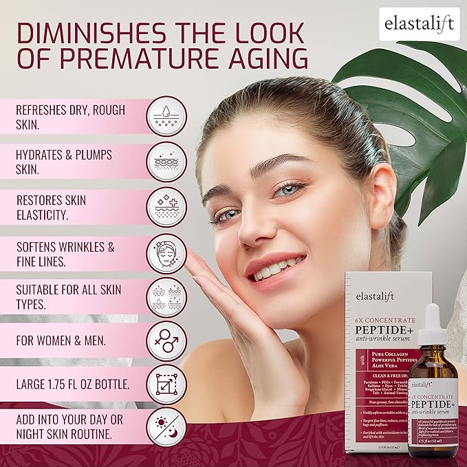 Elastalift Peptide Facial Serum Moisturizer Skin Care Oil For Face, Wrinkles, Fine Lines, & Puffiness. Moisturizing 6X Peptide Concentrate Serum W/Collagen Plumps, Lifts, Evens Skin Tone, 1.75 Fl Oz