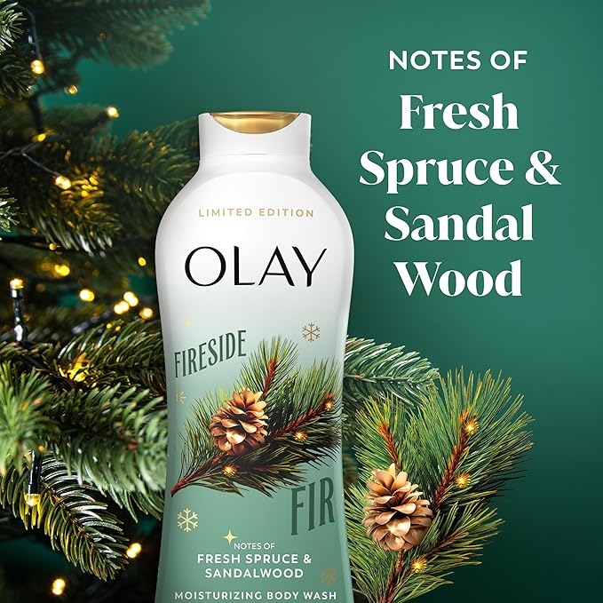 Olay Body Wash for Women, Hydrating & Moisturizing, Holiday Edition, With Plant Based Cleansers, B3 Complex, For All Skin Types, Fireside Fir with Fresh Spruce & Sandalwood Scent, 22 fl oz