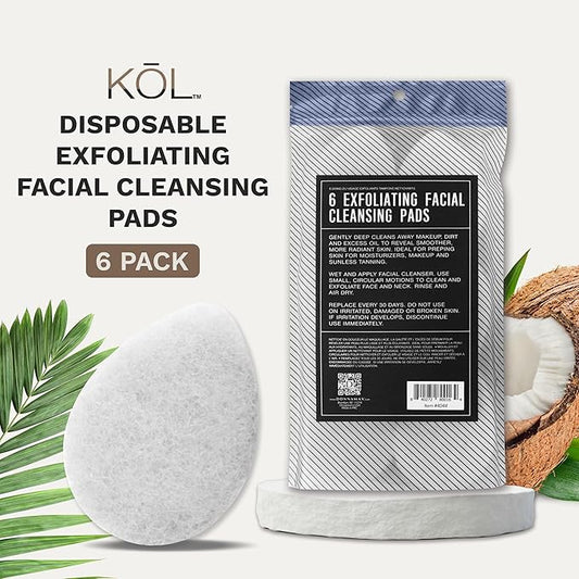 KOL Face Scrubber, Coconut Infused Exfoliating Facial Cleansing Pads, Disposable Exfoliator Face Sponge for Daily Cleaning and Makeup Removal, 6 Count