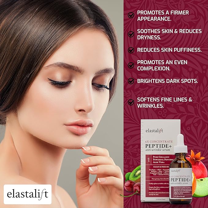 Elastalift Peptide Facial Serum Moisturizer Skin Care Oil For Face, Wrinkles, Fine Lines, & Puffiness. Moisturizing 6X Peptide Concentrate Serum W/Collagen Plumps, Lifts, Evens Skin Tone, 1.75 Fl Oz