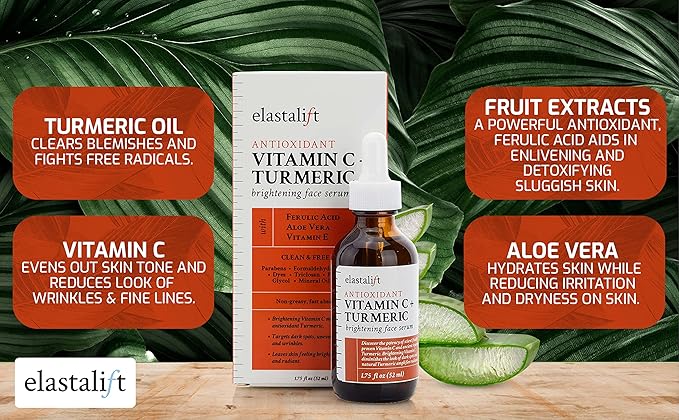 Elastalift Concentrated Vitamin C + Turmeric Oil Anti Aging Facial Serum Skin Care Booster - Promote Clear & Brighten Skin Tone - Hydrate Dry Skin, Fight Redness, Restore Skin Strength - 1.75 Fl Oz
