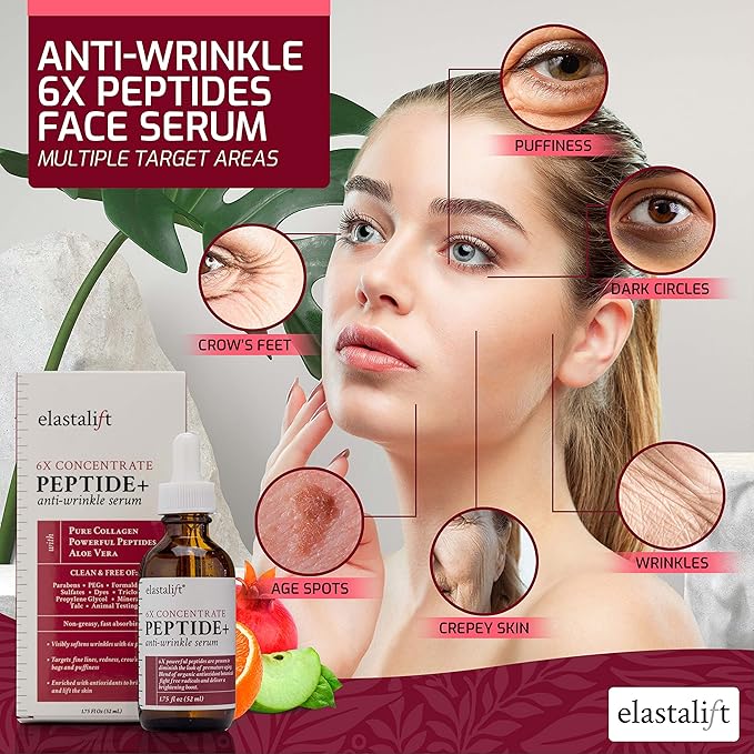 Elastalift Peptide Facial Serum Moisturizer Skin Care Oil For Face, Wrinkles, Fine Lines, & Puffiness. Moisturizing 6X Peptide Concentrate Serum W/Collagen Plumps, Lifts, Evens Skin Tone, 1.75 Fl Oz