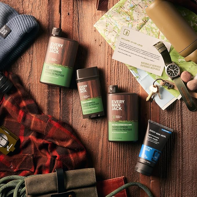 Every Man Jack Men’s Pacific Cypress Bath and Body Gift Set - Clean Ingredients & Conifer Branches, Sea Salt, and Citrus Scent - Body Wash, 2-in-1 Shampoo, Deodorant & Face Wash