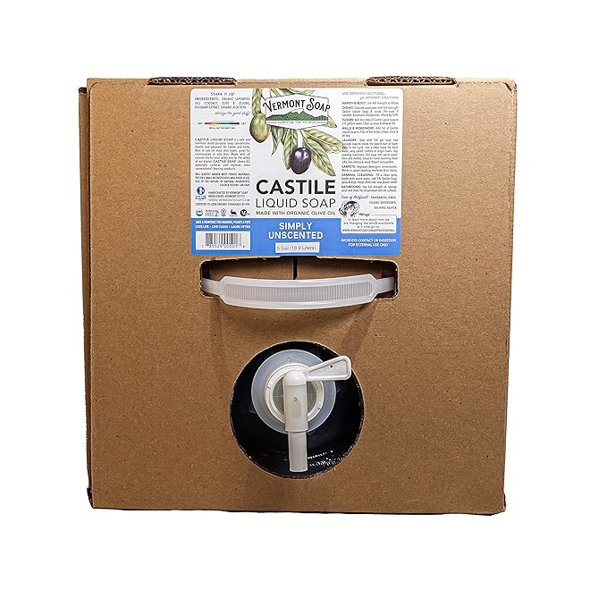Vermont Castile Soap Unscented, Gentle Liquid Soap for Sensitive Skin & Natural Body Wash, Organic Hair Shampoo for Oily Hair, Aloe Castile Soap for Men & Women - 5 Gallon