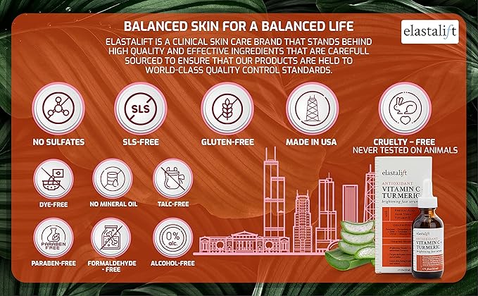 Elastalift Concentrated Vitamin C + Turmeric Oil Anti Aging Facial Serum Skin Care Booster - Promote Clear & Brighten Skin Tone - Hydrate Dry Skin, Fight Redness, Restore Skin Strength - 1.75 Fl Oz