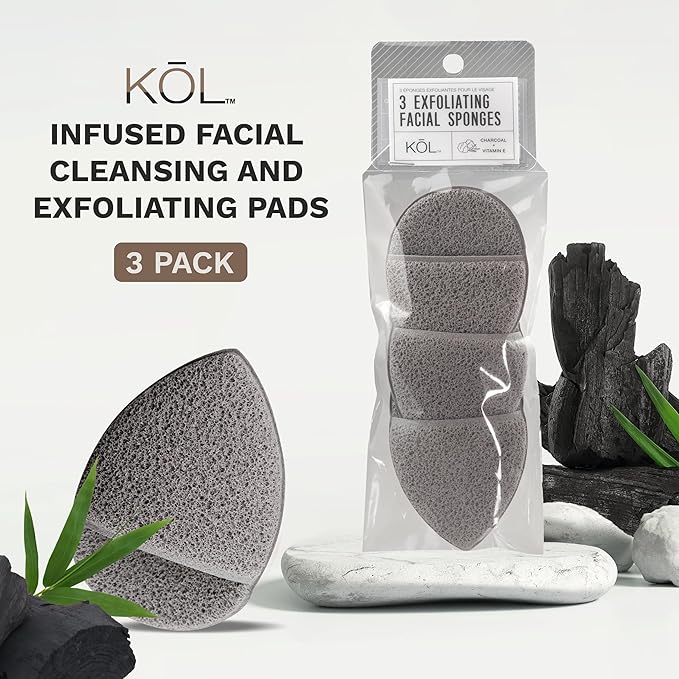 KOL Face Scrubber Pads, Premium Charcoal and Vitamin E Infused Exfoliating Facial Cleansing Sponges for Daily Face Wash and Makeup Removal, 3 Count