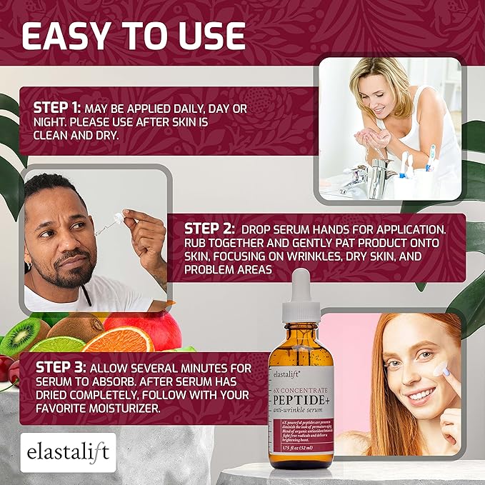 Elastalift Peptide Facial Serum Moisturizer Skin Care Oil For Face, Wrinkles, Fine Lines, & Puffiness. Moisturizing 6X Peptide Concentrate Serum W/Collagen Plumps, Lifts, Evens Skin Tone, 1.75 Fl Oz