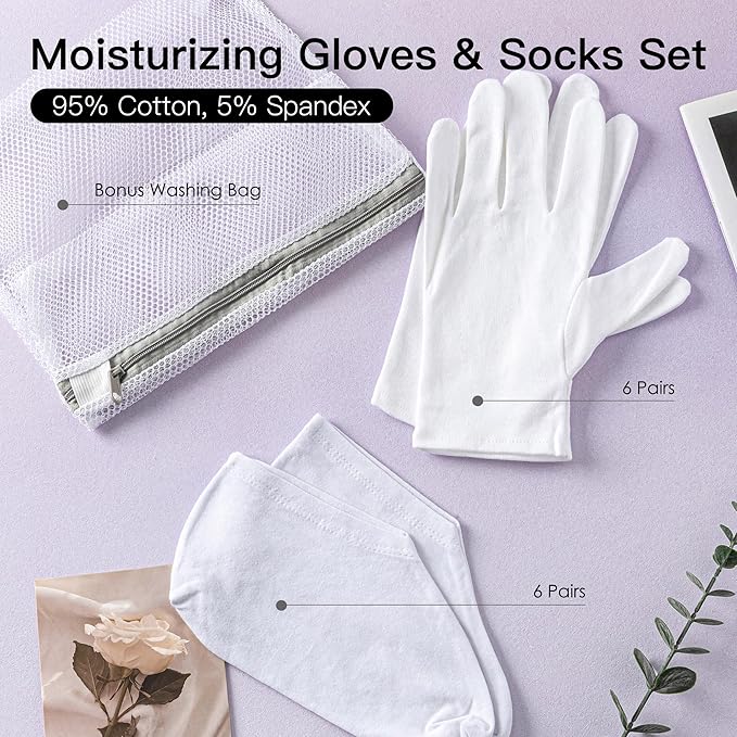12 Pairs Cotton Moisturizing Gloves and Socks Set (1 Washing Bag Included), Dry Hands Feet Overnight Lotion SPA Treatment, Eczema Skin Friendly, Breathable and Soft Glove Liners for Summer