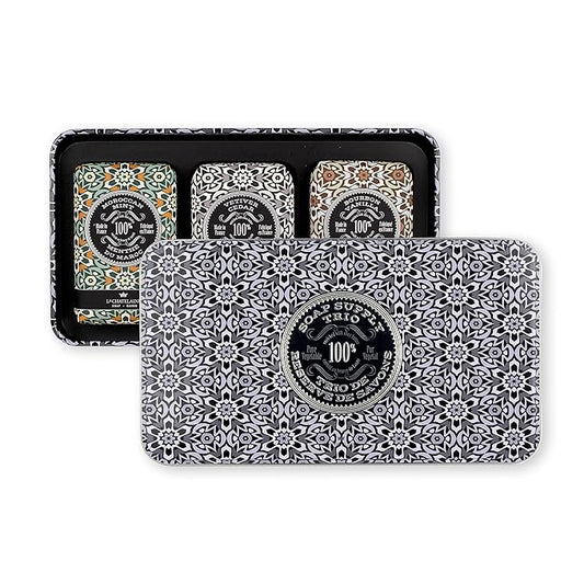 La Chatelaine Luxury Bar Soap Trio Gift Set Tin | Made in France | Natural and Organic | Shea Butter Formula | 3 x 8.8 oz / 250g - Gray Mosaic Soap Trio (Moroccan Mint, Vetiver Cedar, Bourbon Vanilla)
