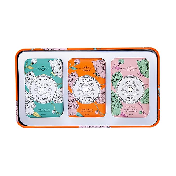 La Chatelaine Luxury Bar Soap Trio Gift Set Tin | Made in France | Natural and Organic | Shea Butter Formula | 3 x 7 oz / 200g - Orange Soap Trio (Gardenia, Orange Blossom, Rose Acacia)