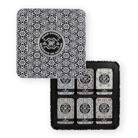La Chatelaine Soap Supply Tin Gift Set |Unisex, Men, Women| Plant-based shea butter bar soaps | Made in France | Natural and Organic | Large soap bars | Set of 6, 8.8 oz./250g bars - Gray Mosaic