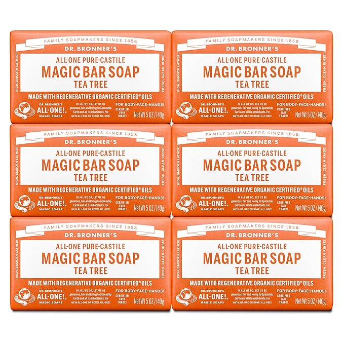 Dr. Bronner's Pure-Castile Magic Bar Soap (Tea Tree, 5 ounce, 6-Pack) - Made with Regenerative Organic Certified Oils, For Face, Body & Hair, Gentle, Vegan, Non-GMO
