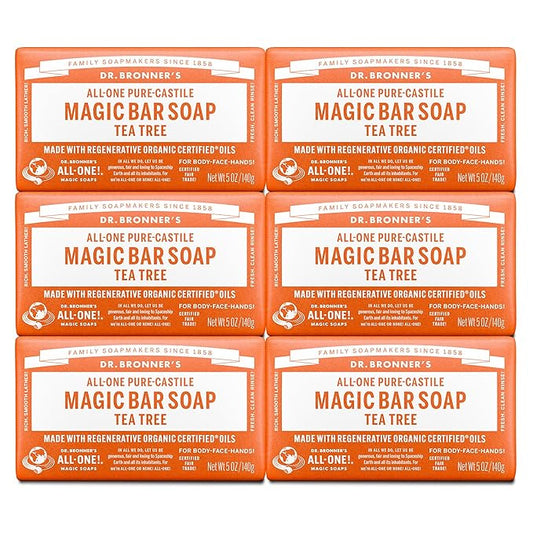 Dr. Bronner's Pure-Castile Magic Bar Soap (Tea Tree, 5 ounce, 6-Pack) - Made with Regenerative Organic Certified Oils, For Face, Body & Hair, Gentle, Vegan, Non-GMO