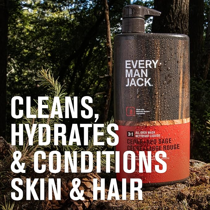Every Man Jack Cedar + Red Sage Hydrating Mens 3-in-1 All Over Wash for All Skin and Hair Types - Body Wash, Shampoo and Conditioner with Naturally Derived Ingredients - 28.8oz (2 Pack)