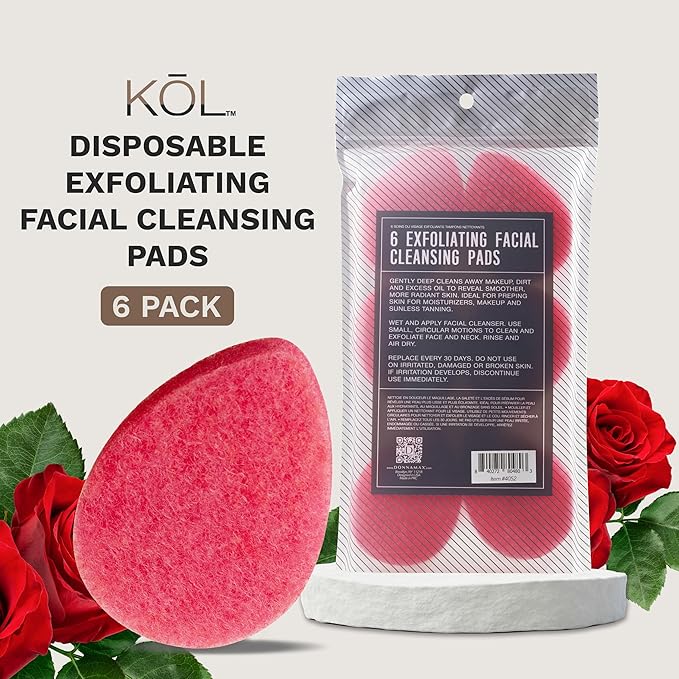 KOL Face Scrubber Pads, Rose Infused Exfoliating Facial Cleansing Sponges for Daily Face Wash and Makeup Removal, 6 Count