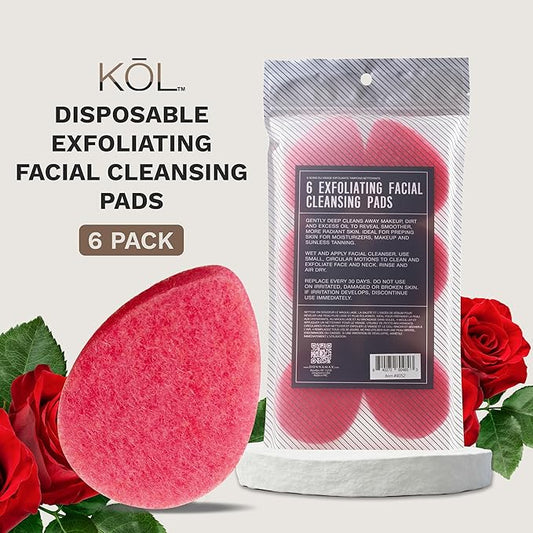 KOL Face Scrubber Pads, Rose Infused Exfoliating Facial Cleansing Sponges for Daily Face Wash and Makeup Removal, 6 Count
