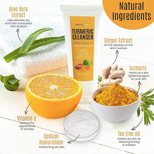 Turmeric Facial Cleanser – Natural Anti-Aging Exfoliating Turmeric Face Wash for Glowing Skin – Helps Clear Acne Scars, Dark Spots, Sun Damage & Discoloration – 5 oz