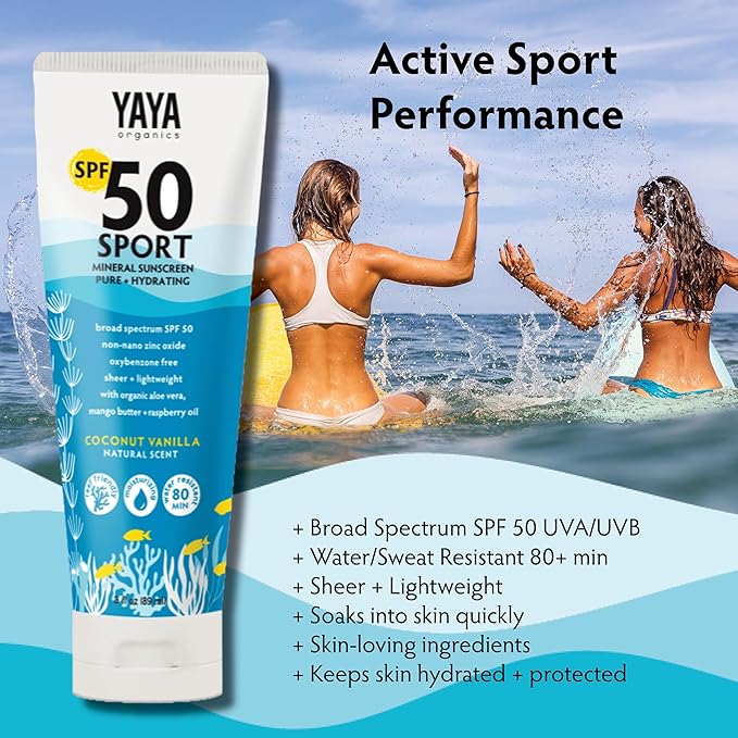 YAYA ORGANICS Sport Mineral Sunscreen Lotion, SPF 50, Reef-Friendly, Non-Nano Zinc Oxide, Water-Resistant, Pure + Hydrating, 3 oz, 2-pack