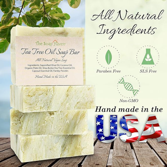 TEA TREE SOAP BAR - 4 Natural Tea Tree Oil Soap Bars for Face, Hand, Foot, Body Wash - Fights Blemishes, Itch, Body Odor. Handmade in USA with Non-GMO Ingredients. 4 Large 4.5 oz Bars