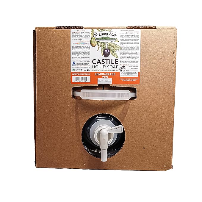 Vermont Castile Lemongrass Zen Soap, Gentle Liquid for Sensitive Skin & Natural Body Wash, Organic Hair Shampoo for Oily Hair, Aloe Castile Soap for Men & Women - 5 Gallon