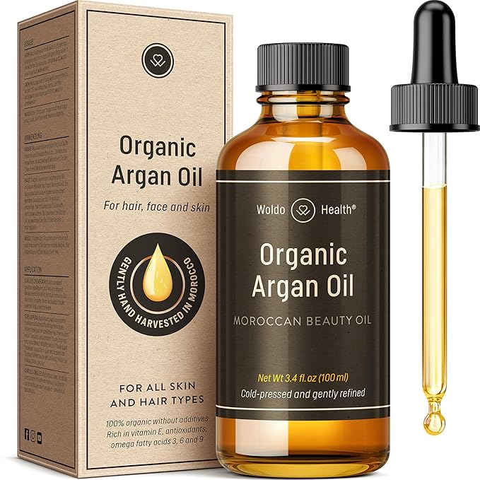 Organic Argan Oil Cold Pressed 3.4 Fl Oz - Moroccan Beauty Oil for Hair, Skin, Nails & Face, Vitamin E Rich, Non-Greasy, Natural Moisturizer