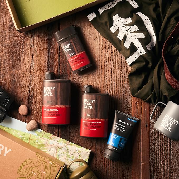 Every Man Jack Men’s Cedar + Red Sage Bath and Body Gift Set - Clean Ingredients & Cedar, Sage, and Spice Ccent - Round Out His Routine with Men’s Body Wash, 2-in-1 Shampoo, Deodorant & Face Wash