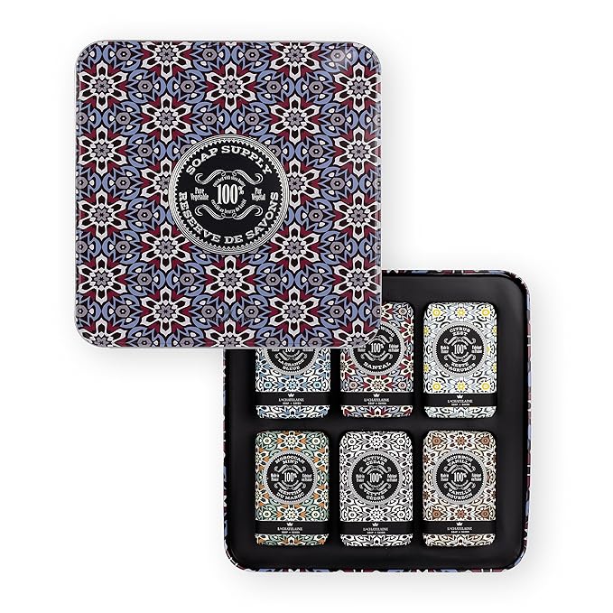 La Chatelaine Soap Supply Tin Gift Set |Unisex, Men, Women| Plant-based shea butter bar soaps | Made in France | Natural and Organic | Large soap bars | Set of 6, 8.8 oz./250g bars - Red Mosaic